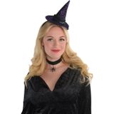 Horror haarband met heksenhoed one size-  Heksen diadeem zwart/paars - Halloween verkleed accessoires