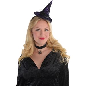 Horror haarband met heksenhoed one size-  Heksen diadeem zwart/paars - Halloween verkleed accessoires