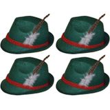 4x Groene Tiroler hoedjes verkleedaccessoires voor volwassenen - Oktoberfest/bierfeest feesthoeden - Alpenhoedje/jagershoedje