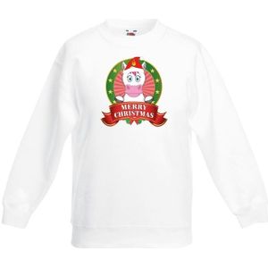 Kerst sweater / Kersttrui voor kinderen met eenhoorn print - wit - jongens en meisjes trui