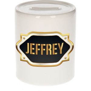 Jeffrey naam cadeau spaarpot met gouden embleem - kado verjaardag/ vaderdag/ pensioen/ geslaagd/ bedankt