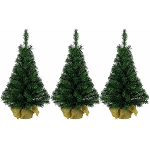 3x stuks volle kleine/mini kerstbomen groen in jute zak 45 cm - Kunst kerstbomen / kunstbomen