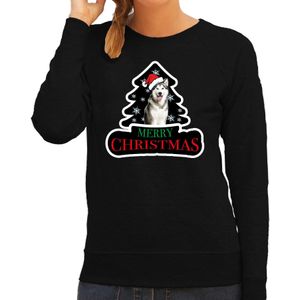 Dieren kersttrui husky zwart dames - Foute honden kerstsweater - Kerst outfit dieren liefhebber