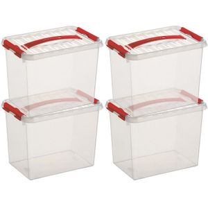 6x Sunware Q-Line opberg boxen/opbergdozen 9 liter 30 x 20 x 22 cm kunststof - Opslagbox - Opbergbak kunststof transparant/rood