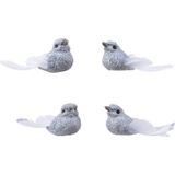 4x Decoratie glitter vogeltjes zilver op clip 5 cm - Kerstboomversiering vogels - Hobby/knutsel materiaal
