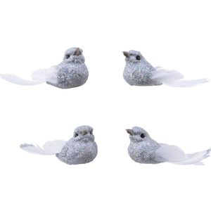 4x Decoratie glitter vogeltjes zilver op clip 5 cm - Kerstboomversiering vogels - Hobby/knutsel materiaal