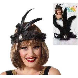 Atosa Charleston Flapper Hoofdband - 4x - tule en veertjes - zwart - Dames - jaren 20/Twenties thema/Charleston