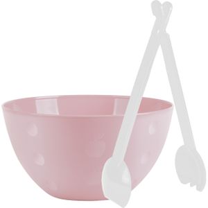 Serveerschaal/slakom - pastel roze - kunststof - 26 cm - met sla bestek/couvert