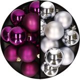 Kerstballen 24x st - mix zilver/paars - 6 cm - kunststof - kerstversiering