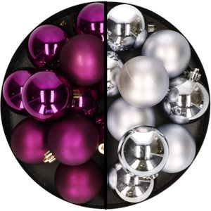 Kerstballen 24x st - mix zilver/paars - 6 cm - kunststof - kerstversiering