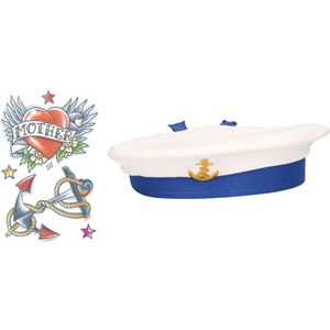 Carnaval verkleed Matrozen hoedje - wit - met zeeman plak tatoeages - volwassenen - accessoires set