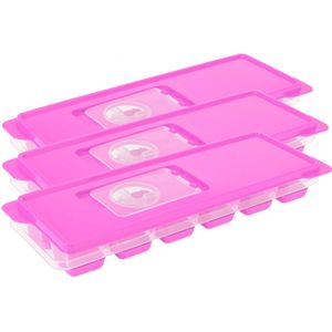 Set van 3x stuks trays met ijsklontjes/ijsblokjes vormpjes 12 vakjes kunststof roze met afsluitdeksel