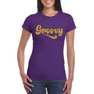 Toppers Paars Flower Power  t-shirt Groovy met gouden letters dames - Sixties/jaren 60 kleding