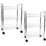 Set van 2x stuks verchroomde keuken trolleys met manden op wielen 50 x 26 x 63 cm - Keuken/badkamer rekje van metaal