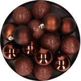 Kerstversiering set mix mat/glans/glitter mix kerstballen in het donkerbruin 6 - 8 - 10 cm pakket - 62x stuks