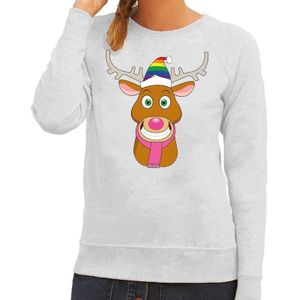 Foute kersttrui / sweater Gay Ruldolf met regenboog muts en roze sjaal grijs voor dames - Kersttruien