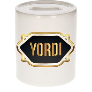Yordi naam cadeau spaarpot met gouden embleem - kado verjaardag/ vaderdag/ pensioen/ geslaagd/ bedankt