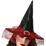 Halloween heksenhoed - met sluier  - one size - zwart/rood - meisjes/dames - verkleed hoeden