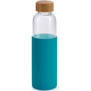 Glazen waterfles/drinkfles met turquoise blauwe siliconen bescherm hoes 600 ml - Sportfles - Bidon
