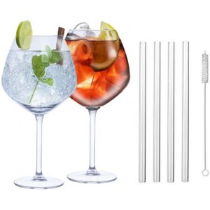 Set van 4x Gin Tonic cocktailglazen met 4x herbruikbare glazen rietjes - 730 ml - Cocktails drinken - Cocktails