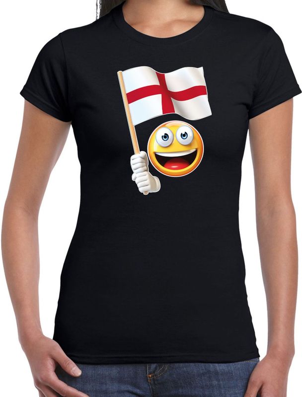 Engeland emoticon t-shirt met Engelse vlag - zwart  - dames - Engeland fan / supporter shirt - EK / WK