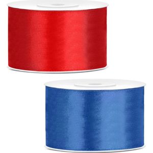 Sierlinten/cadeaulinten/satijnen linten - Set 2x stuks - rood en kobalt blauw - 38 mm x 25 meter