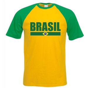 Geel/ groen Brazilie supporter baseball t-shirt voor heren - Braziliaanse vlag shirts