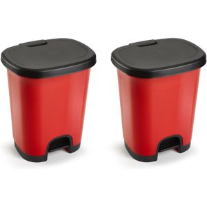 Set van 2x stuks kunststof afvalemmers/vuilnisemmers/pedaalemmers in het rood/zwart van 27 liter met deksel en pedaal. 38 x 32 x 45 cm.