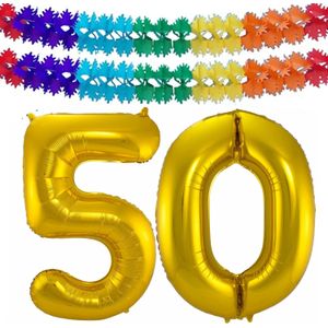 Folie ballonnen - Leeftijd cijfer 50 - goud - 86 cm - en 2x slingers