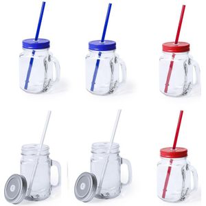 6x stuks Glazen Mason Jar drinkbekers met dop en rietje 500 ml - 2x zilver/2x blauw/2x rood - afsluitbaar/niet lekken/fruit shakes