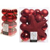 Kerstversiering kunststof kerstballen rood 4-5-6-8 cm pakket van 49x stuks - Met kunststof ster piek van 19 cm