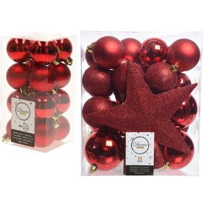 Kerstversiering kunststof kerstballen rood 4-5-6-8 cm pakket van 49x stuks - Met kunststof ster piek van 19 cm