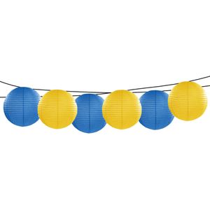 Feest/tuin versiering 6x stuks luxe bol-vorm lampionnen blauw en geel dia 35 cm