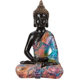 Boeddha beeld Colorfull - binnen/buiten - kunststeen - zwart/kleurenmix - 25 x 39 cm