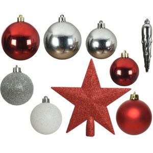 33x stuks kunststof kerstballen met piek rood/wit/zilver 5-6-8 cm - Onbreekbare kerstballen