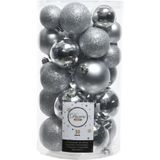Kerstballen 60x stuks - mix zilver/zwart - 4-5-6 cm - kunststof - kerstversiering