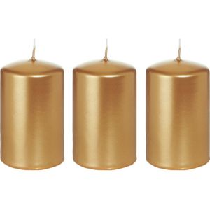 3x Gouden cilinderkaarsen/stompkaarsen 5 x 8 cm 18 branduren - Geurloze goudkleurige kaarsen - Woondecoraties
