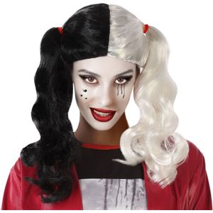 Atosa Halloween verkleedpruik lang haar met staartjes - zwart/wit - dames