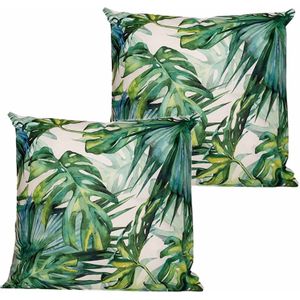 Anna's collection buitenkussen monstera - 2x - wit/groen - 60 x 60 cm - Water en UV bestendig