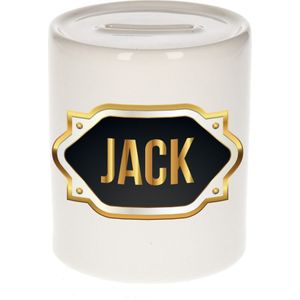 Jack naam cadeau spaarpot met gouden embleem - kado verjaardag/ vaderdag/ pensioen/ geslaagd/ bedankt