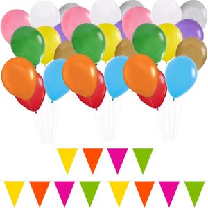 Folat - Verjaardag ballonnen 100x stuks met 3x gekleurde vlaggenlijnen