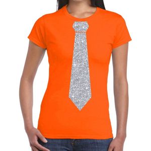 Oranje fun t-shirt met stropdas in glitter zilver dames
