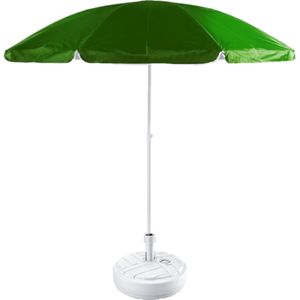 Groen lichtgewicht strand/tuin basic parasol van nylon 200 cm + vulbare parasolvoet wit van plastic