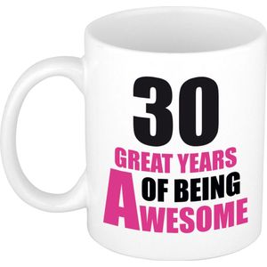 30 great years of being awesome mok wit en roze - cadeau mok / beker - 30e verjaardag / 30 jaar