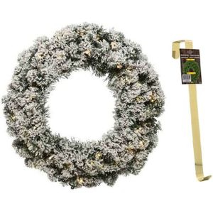 Groen/witte led kerstkrans 60 cm Imperial met kunstsneeuw en met gouden hanger - Kerstversiering/kerstdecoratie kransen