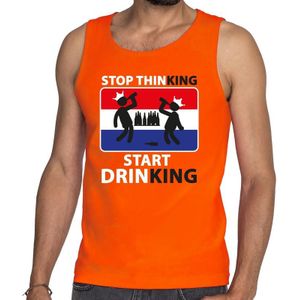 Stop thinking start drinking tanktop / mouwloos shirt oranje heren - Koningsdag kleding
