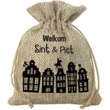 Pakket van 12x stuks mini Sinterklaas jute cadeau zakken Welkom Sint en Piet print - Strooizak met koord - 18 x 25 cm