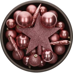Set van 33x stuks kunststof/plastic kerstballen met ster piek oudroze (velvet pink) mix - Onbreekbaar - Kerstversiering/kerstboomversiering