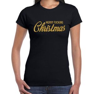 Foute Kerst t-shirt - Merry Fucking Christmas - goud / glitter - zwart - dames - kerstkleding / kerst outfit