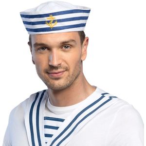 Boland Carnaval verkleed Matroos/Matrozen hoedje - wit/blauw - voor volwassenen - Maritiem thema